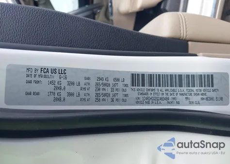 2016 Dodge Durango Limited z USA, uszkodzony, nr VIN 1C4RDHDG2GC483484